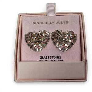 ✨Sincerely Jules Crystal Heart Earrings Gold-Tone Art Deco Glam Statement Studs